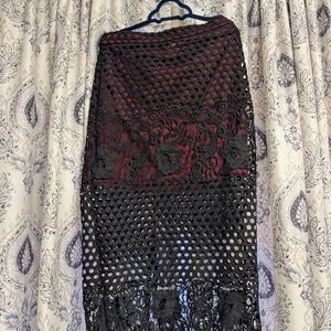 Topshop Black Crochet Midi Skirt with Burgundy Lining
